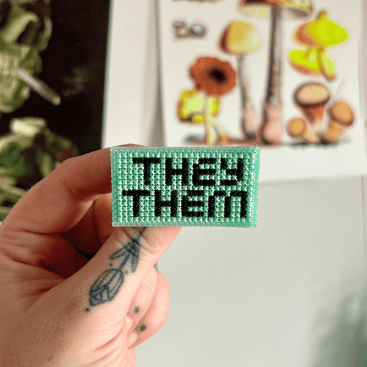 PIN BADGE | Cross Stitch Pronouns - Various - Pulp & Thread