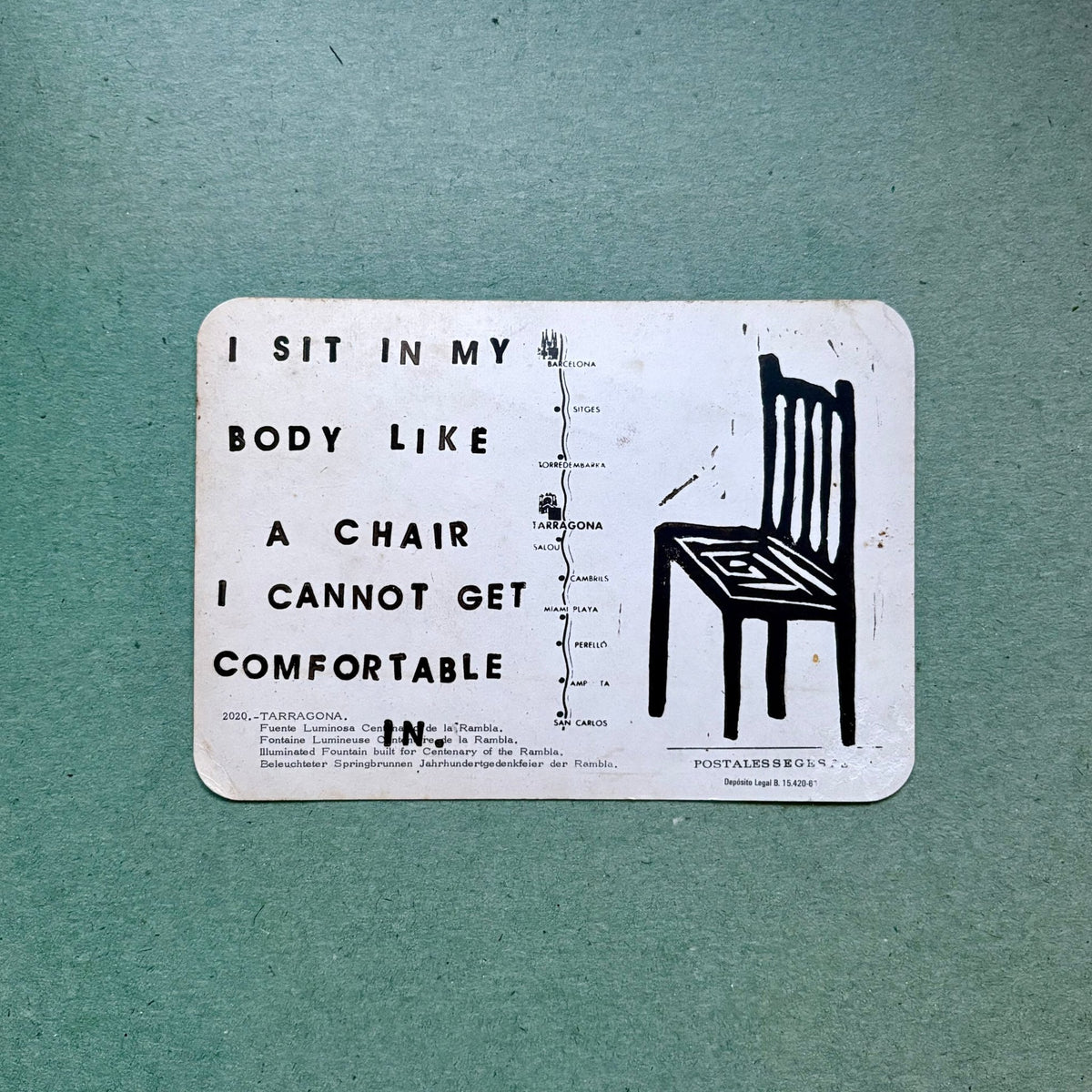 VINTAGE POSTCARD LINO PRINT | I Sit In My Body - Pulp & Thread