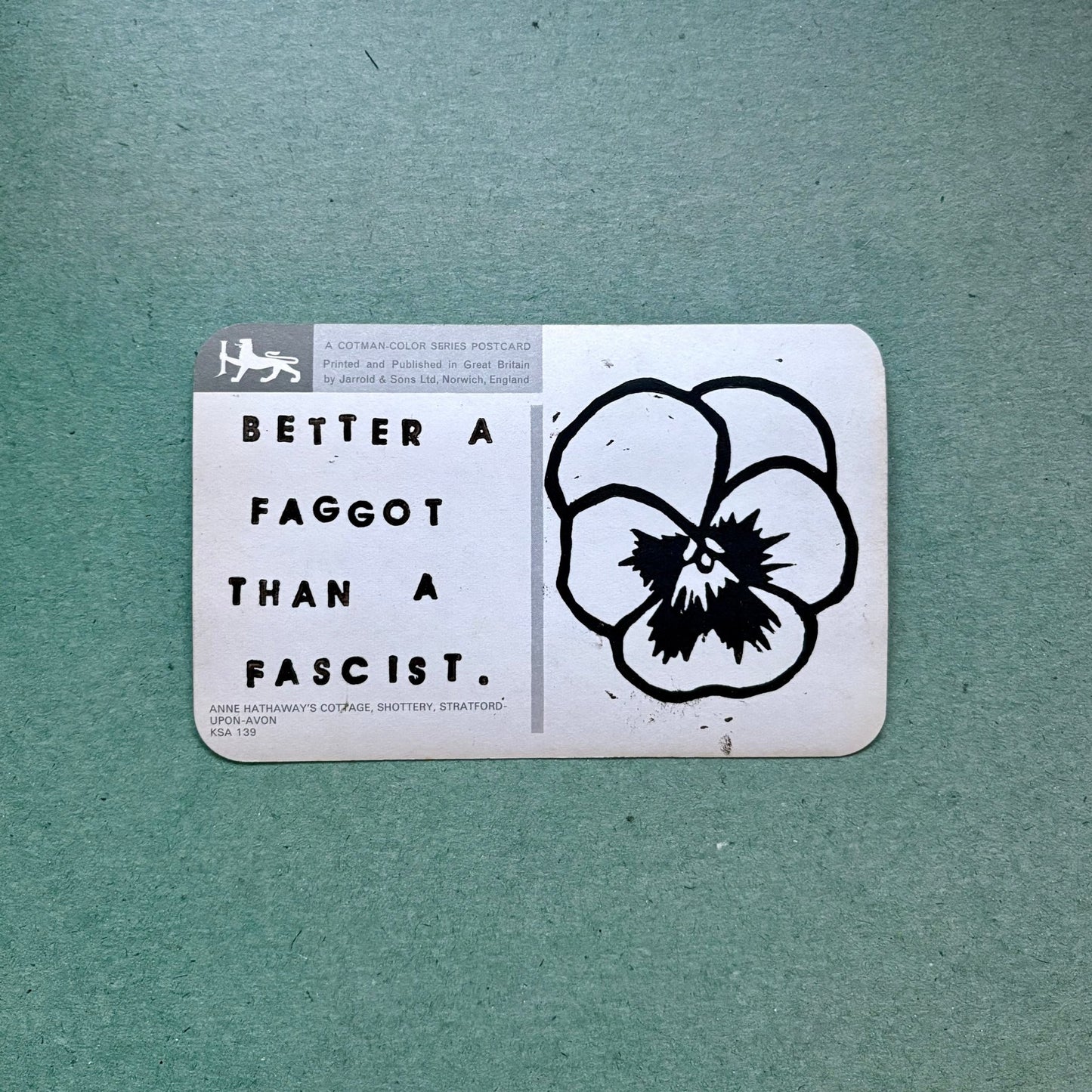 VINTAGE POSTCARD LINO PRINT - Seconds | Better Than A Fascist - Pulp & Thread