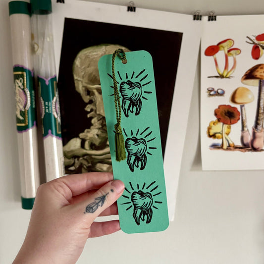 LINO PRINTED BOOKMARK | 3 Wise Teeth - Teal - Pulp & Thread