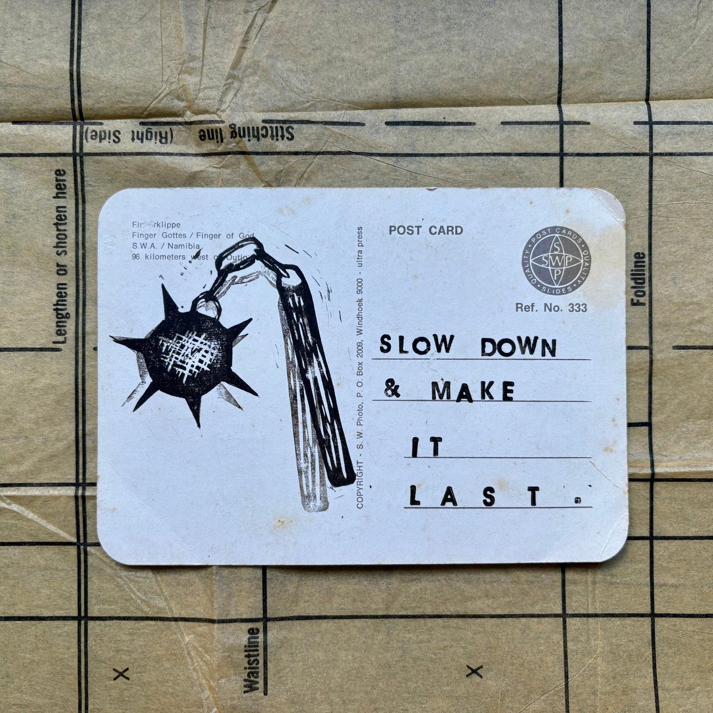 VINTAGE POSTCARD LINO PRINT - Seconds | Slow Down - Pulp & Thread