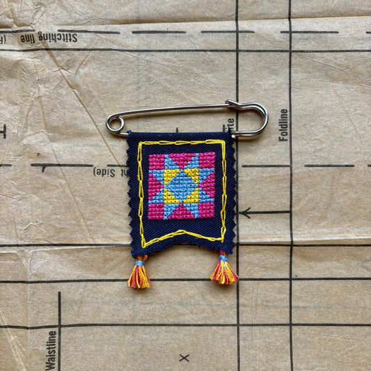 PENNANT PIN | Cross Stitch Quilt Blocks - Pansexual Pride Flag - Pulp & Thread