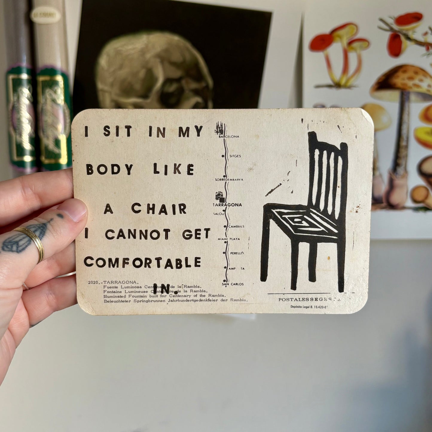 VINTAGE POSTCARD LINO PRINT | I Sit In My Body