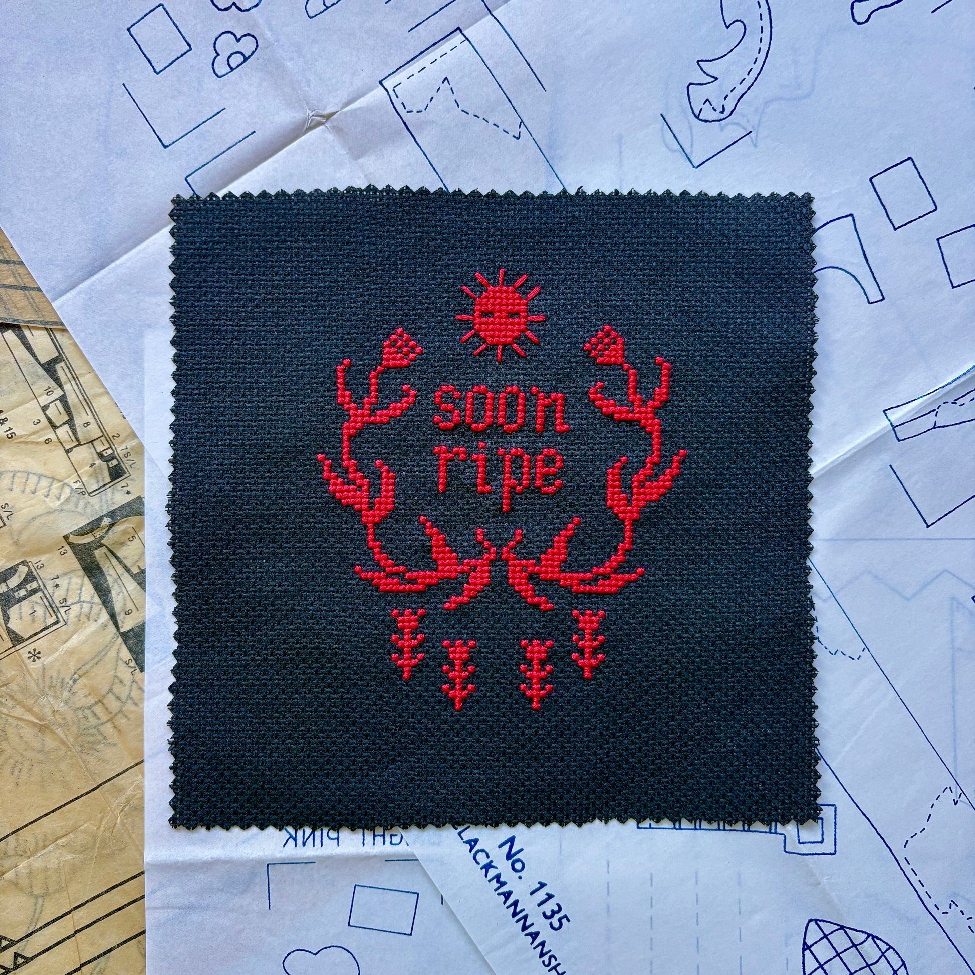 Cross-stitched design with red pattern on black fabric, placed on a blue paper with geometric shapes.