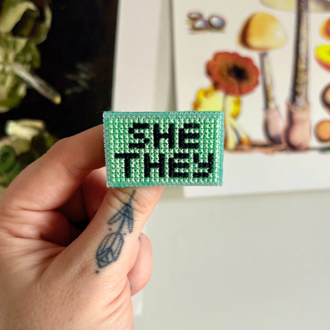 PIN BADGE | Cross Stitch Pronouns - Various