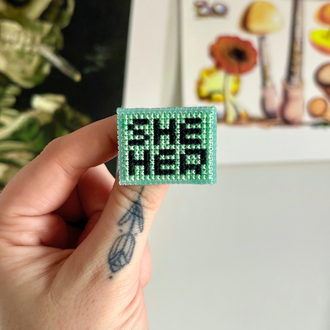 PIN BADGE | Cross Stitch Pronouns - Various