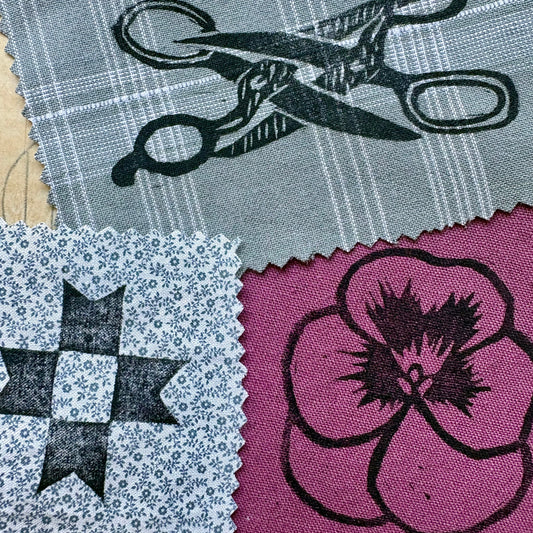 Fabric swatches with a star pattern, floral design, and scissors graphic.