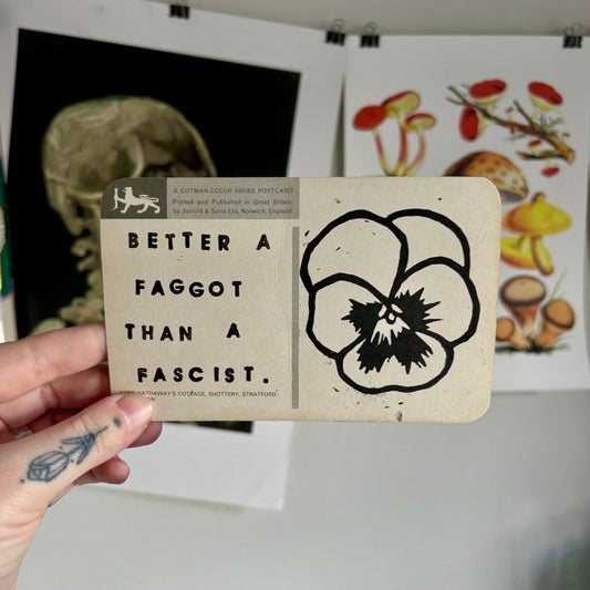 Card with text 'Better a fagot than a fascist' held by a hand, with other cards in the background.