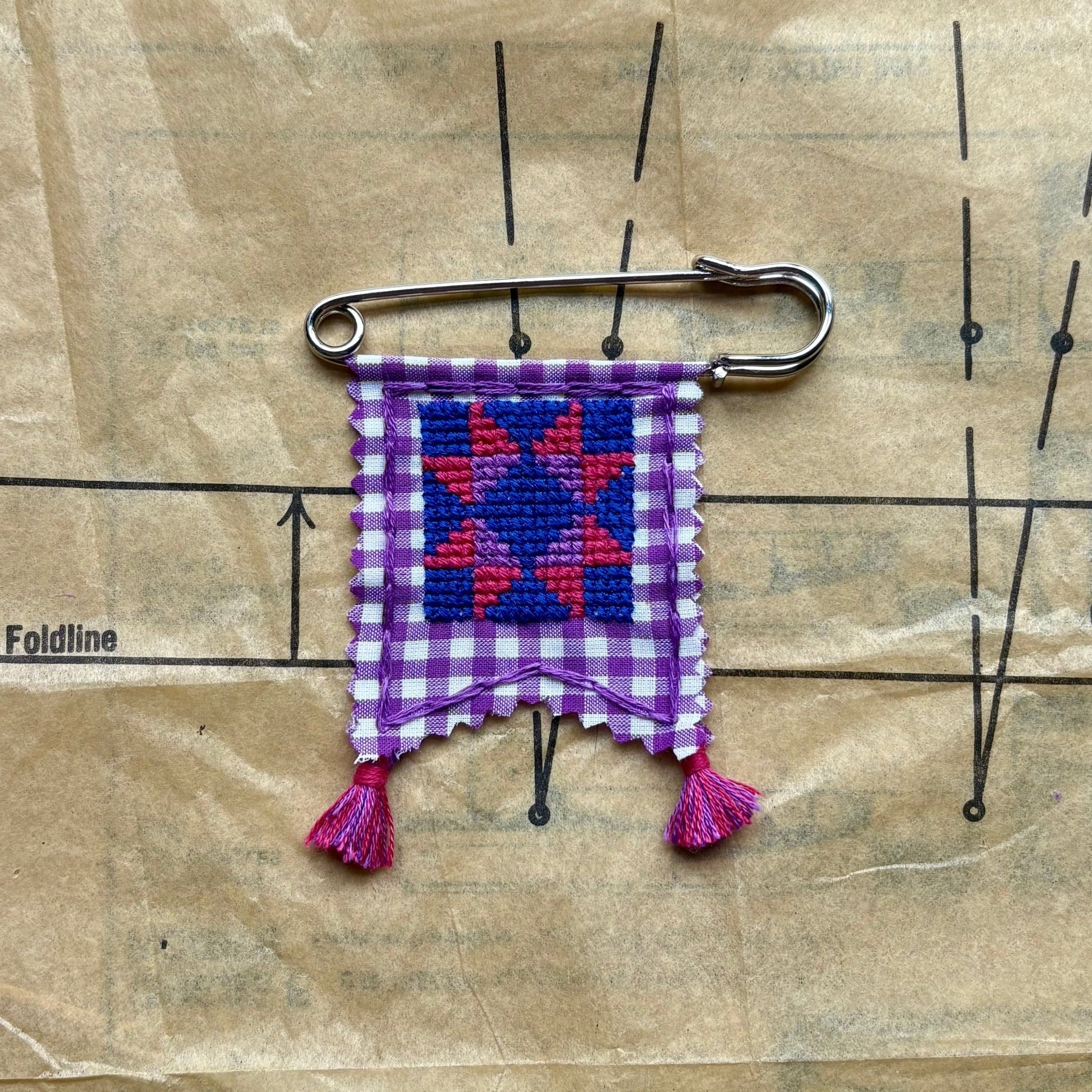 PENNANT PIN | Cross Stitch Quilt Blocks - Bi Pride Flag - Pulp & Thread