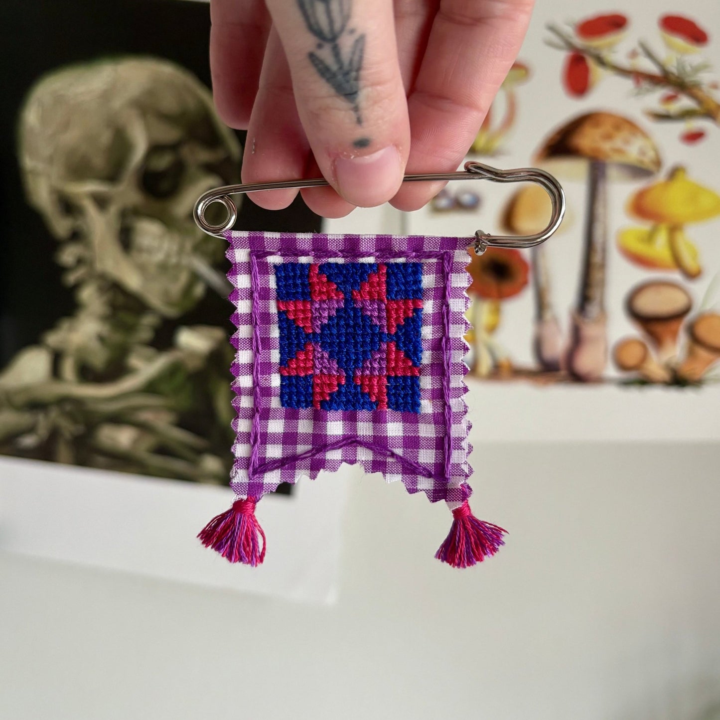 PENNANT PIN | Cross Stitch Quilt Blocks - Bi Pride Flag - Pulp & Thread