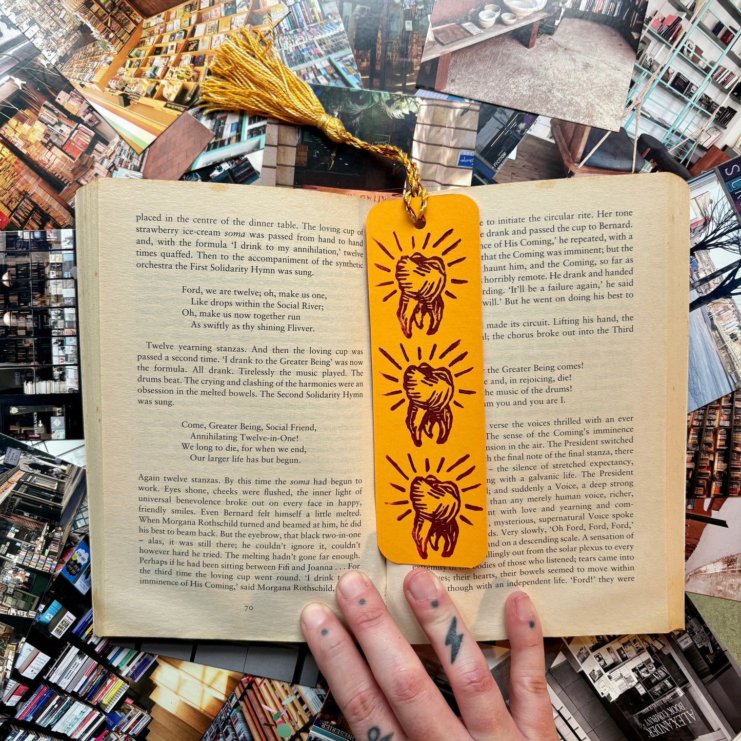 LINO PRINTED BOOKMARK | 3 Wise Teeth - Amber