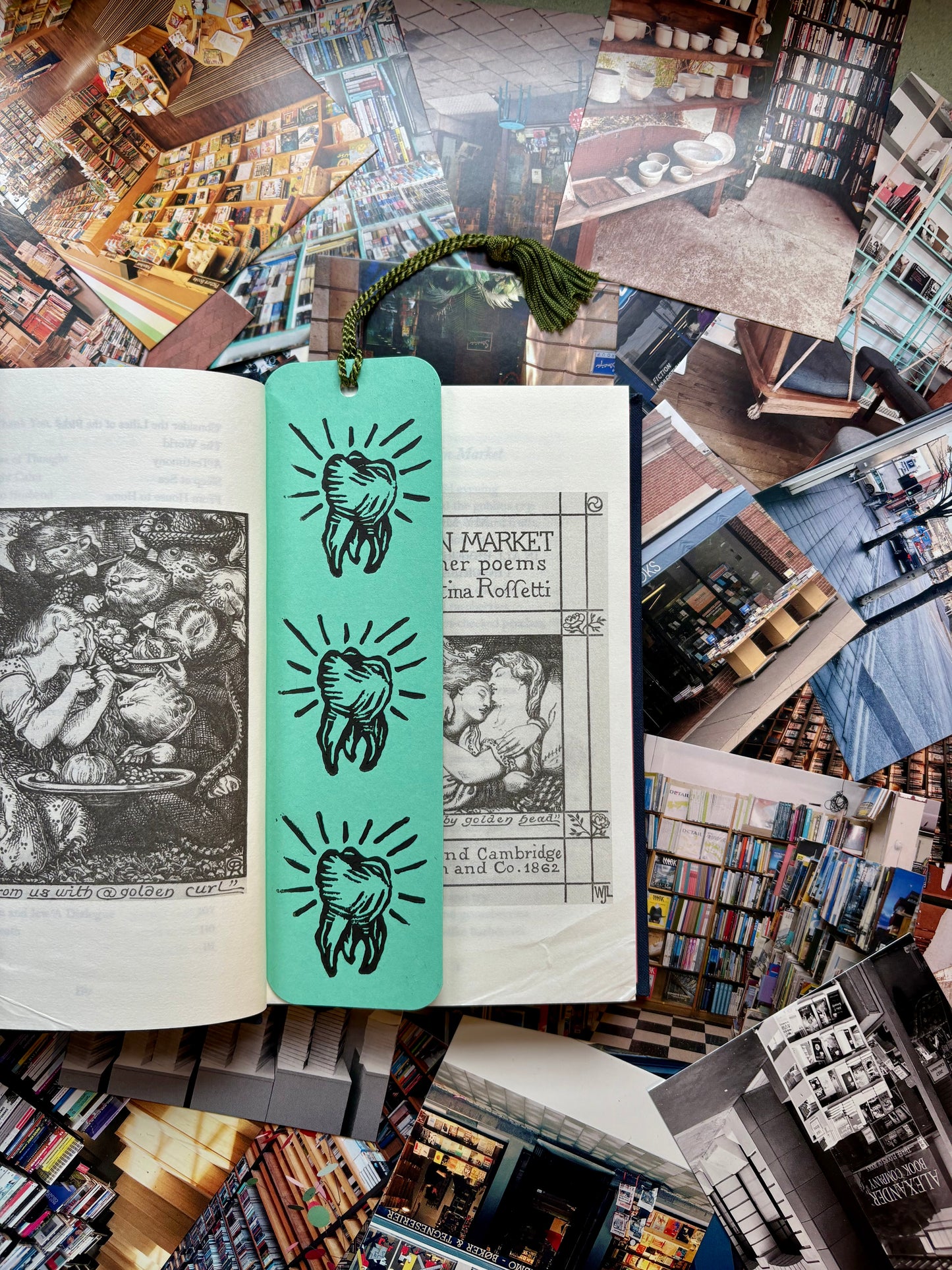 LINO PRINTED BOOKMARK | 3 Wise Teeth - Teal