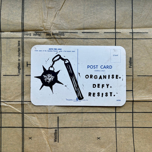 VINTAGE POSTCARD LINO PRINT | Organise Defy Resist - Pulp & Thread