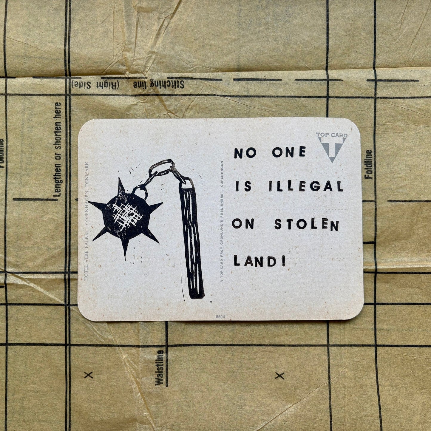 VINTAGE POSTCARD LINO PRINT | No One Is Illegal - Pulp & Thread