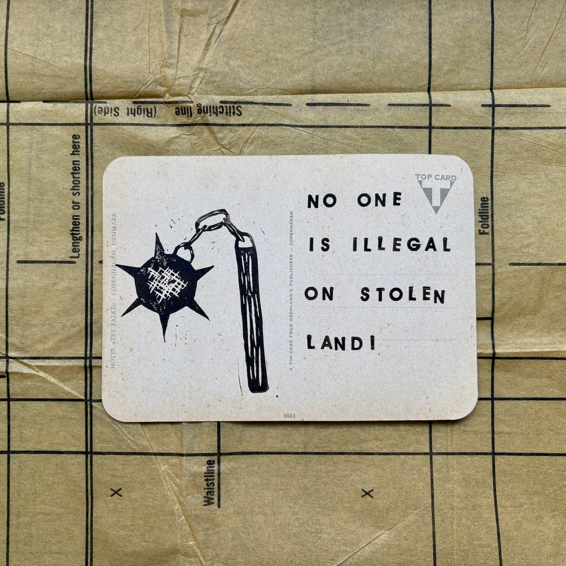 VINTAGE POSTCARD LINO PRINT | No One Is Illegal - Pulp & Thread