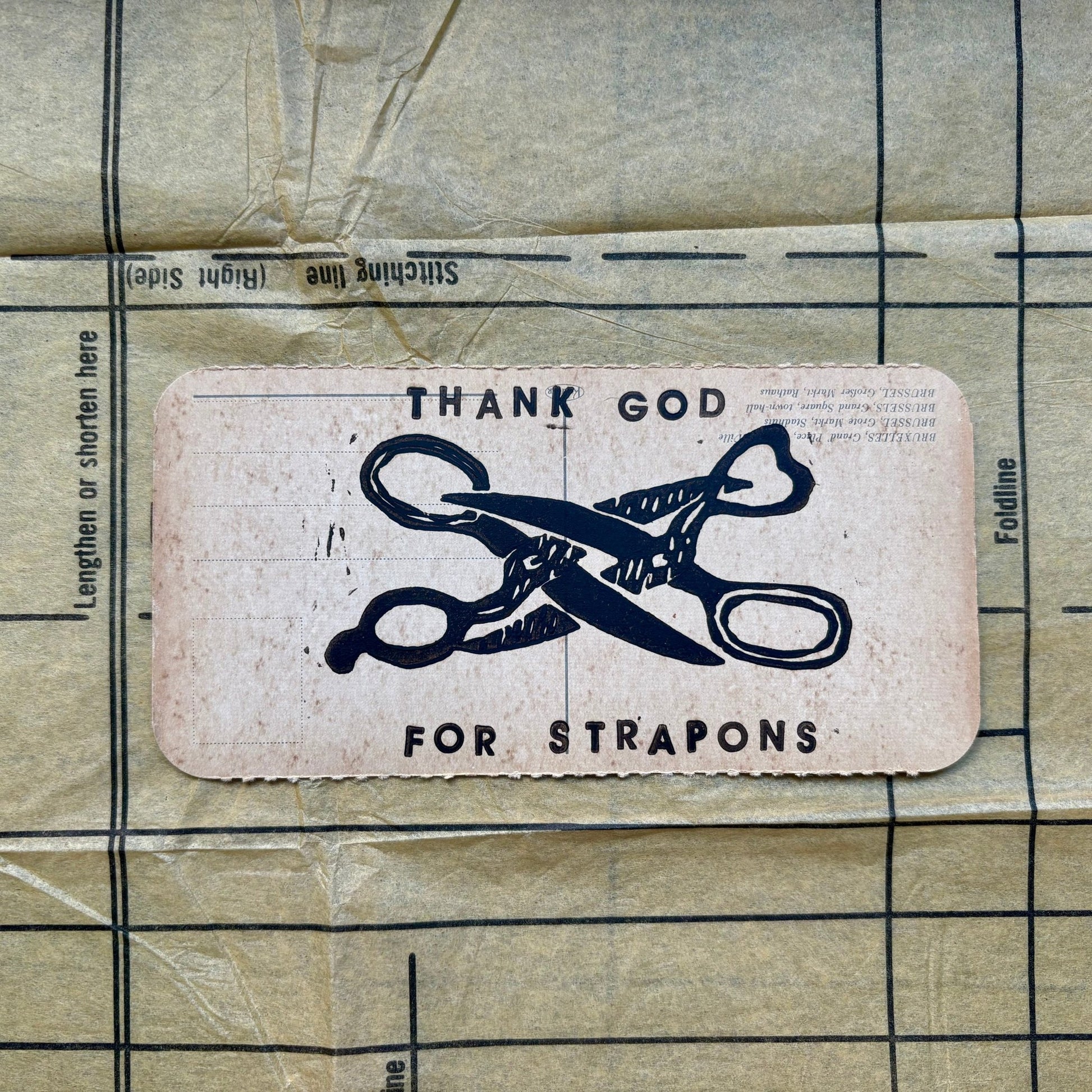 VINTAGE POSTCARD LINO PRINT | Thank God For Strap - Pulp & Thread