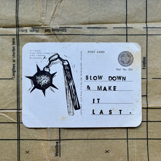 VINTAGE POSTCARD LINO PRINT - Seconds | Slow Down - Pulp & Thread