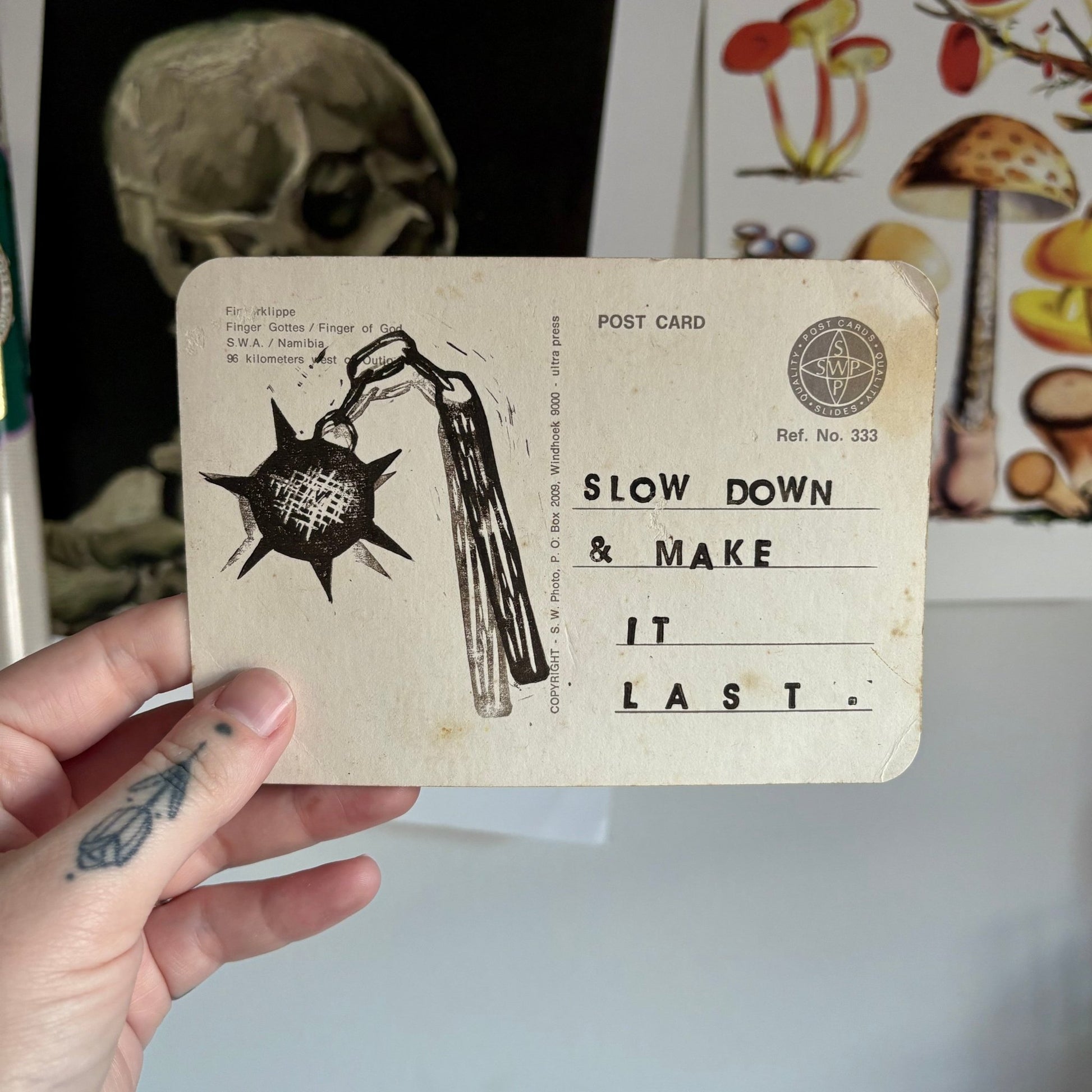 VINTAGE POSTCARD LINO PRINT - Seconds | Slow Down - Pulp & Thread