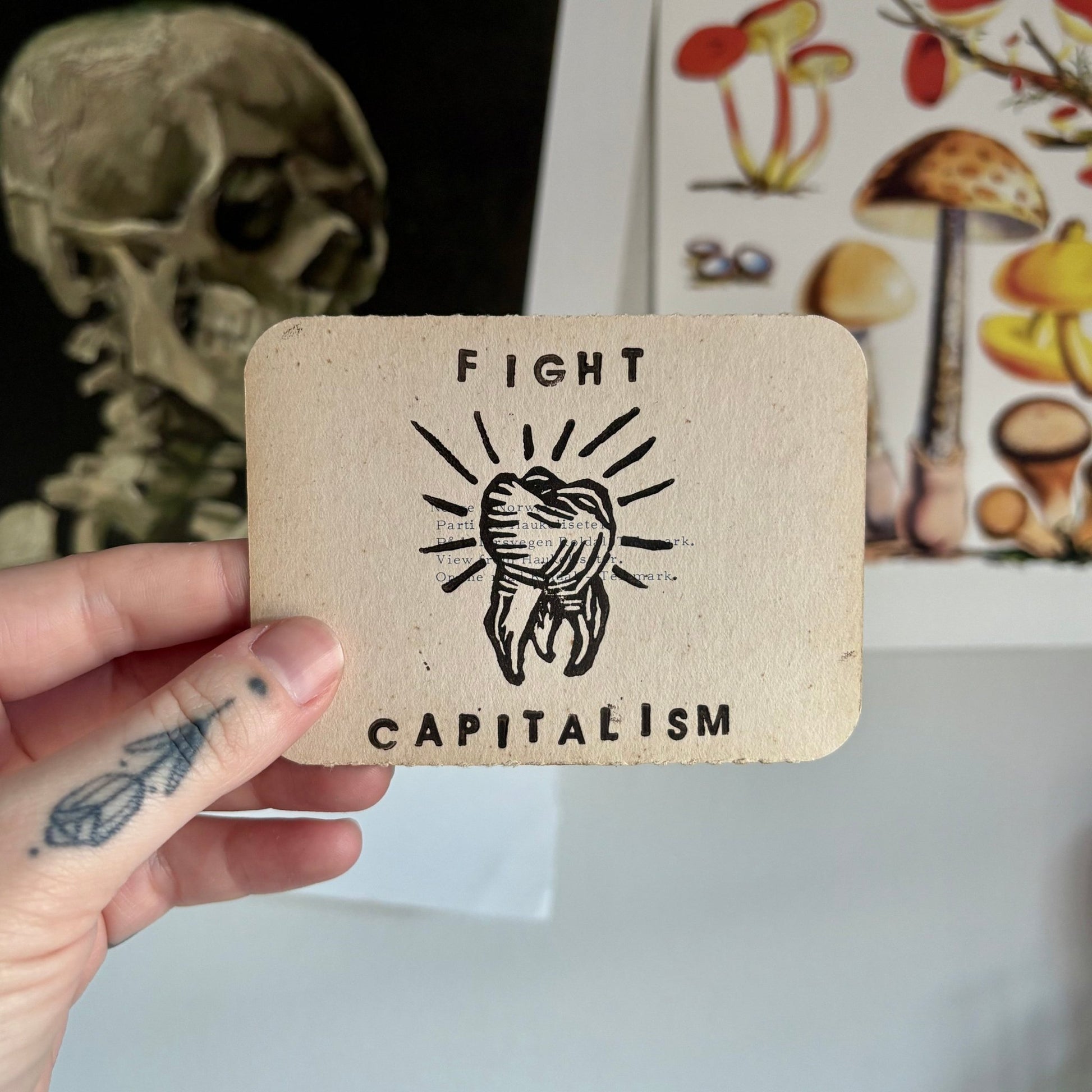 VINTAGE POSTCARD LINO PRINT | Fight Capitalism - Pulp & Thread