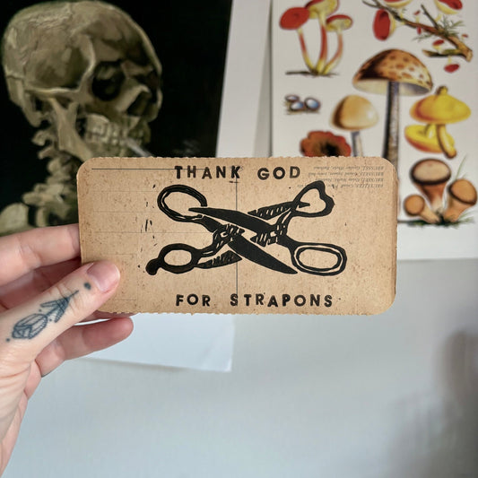 VINTAGE POSTCARD LINO PRINT | Thank God For Strap - Pulp & Thread