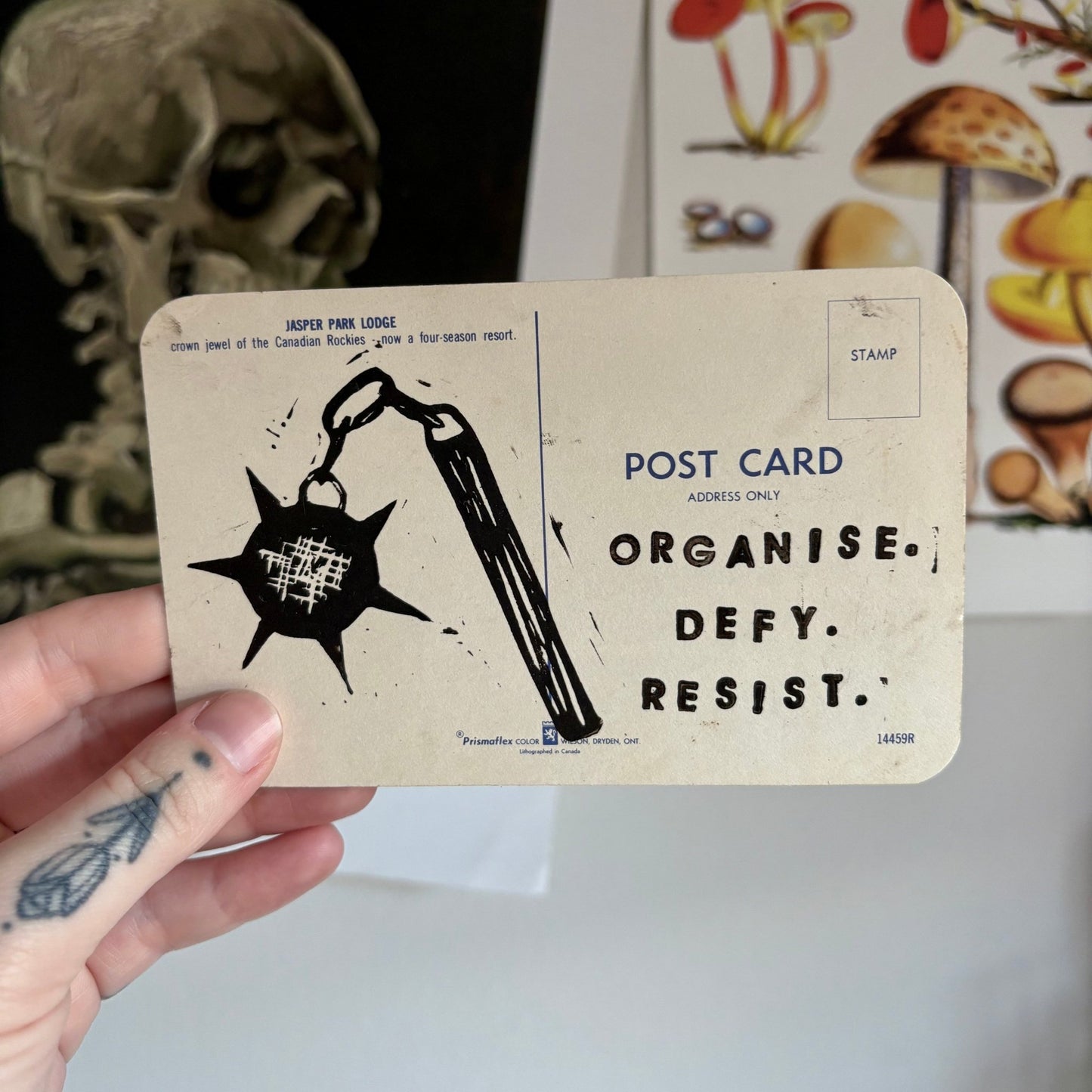 VINTAGE POSTCARD LINO PRINT | Organise Defy Resist - Pulp & Thread