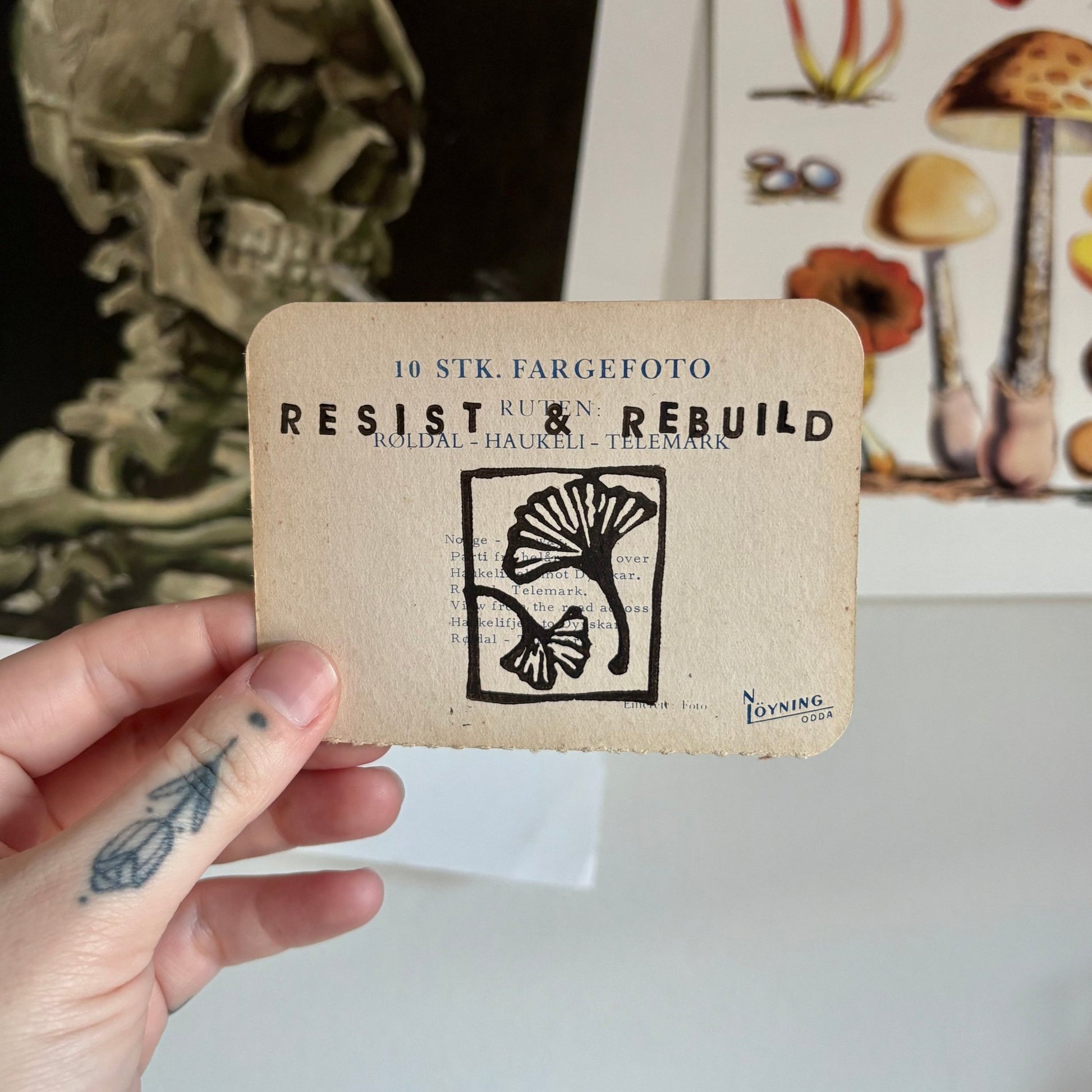 VINTAGE POSTCARD LINO PRINT | Resist & Rebuild - Pulp & Thread