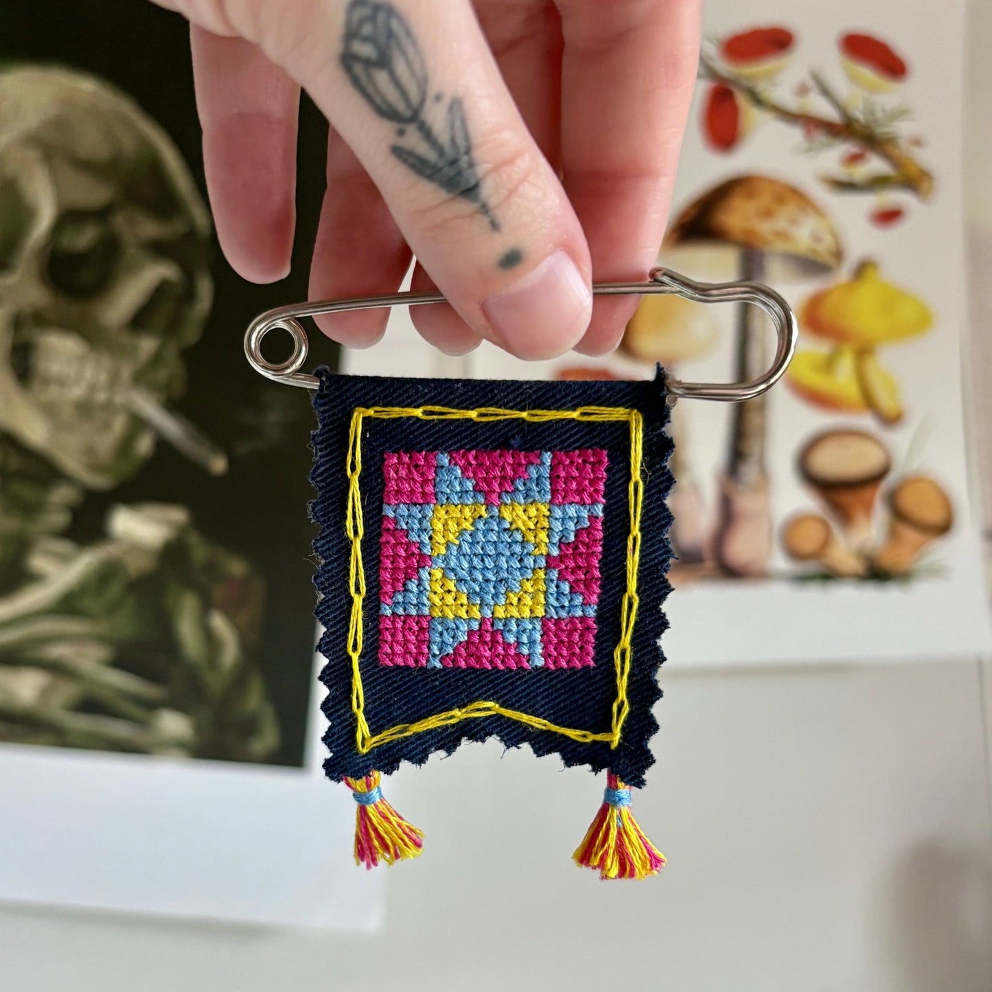 PENNANT PIN | Cross Stitch Quilt Blocks - Pansexual Pride Flag - Pulp & Thread